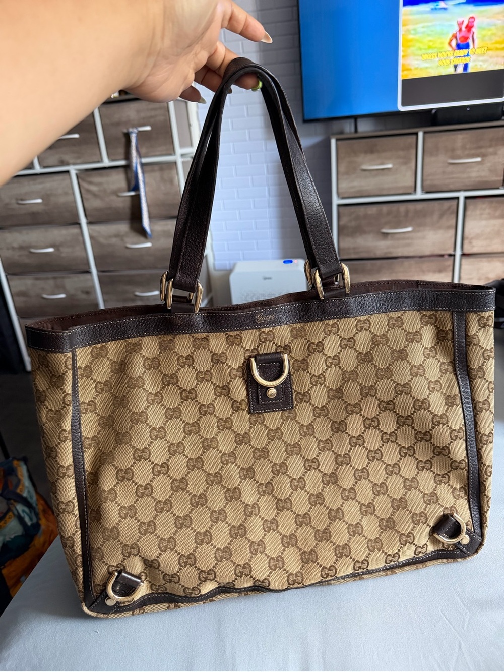 Gucci Brown and Beige GG Monogram Canvas Tote with Gold Hardware
